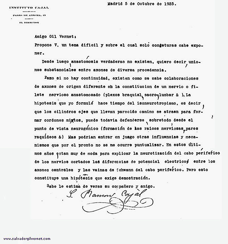 Carta de Don Santiago Ramón y Cajal dirigida a Salvador Gil Vernet escrita el 5 de octubre de 1925 en respuesta a una carta de Salvador Gil Vernet sobre cuestiones de neuroanatomía.