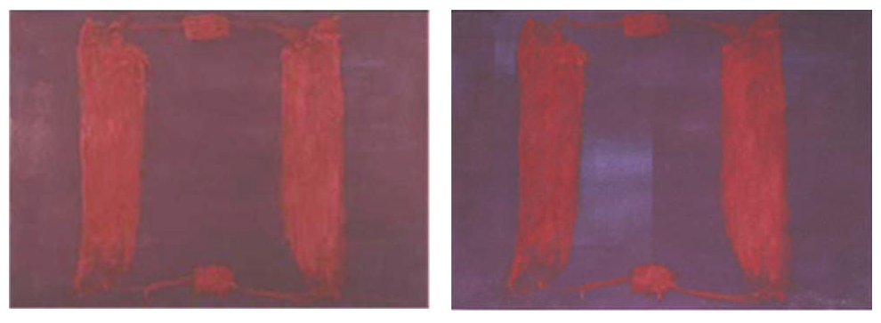 Rothko rojo-azul. Se muestran dos imágenes de la misma obra de Rothko en las que se aprecia la degradación que ha sufrido la pintura y como ha ido volviéndose más azul.