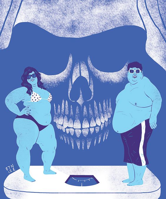 Patricio Otniel «Obesidad» Aparece el dibujo de una pareja obesa en ropa interior sobre una báscula y por detrás la sombra de una calavera con una capucha.