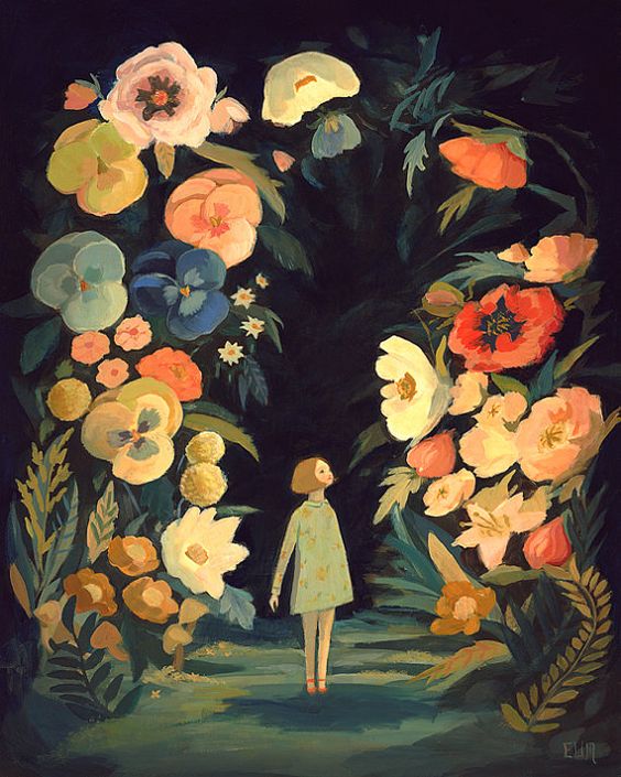 Emily Winfield Martin. Pintura de esta autora en la que aparece una niña rodeada de flores