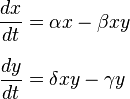 Ecuaciones diferenciales : Primera: diferencial de x respecto al tiempo igual a alfa por x menos beta por x por y. Segunda: diferencial de y respecto al tiempo igual a delta por x por y menos gamma por y