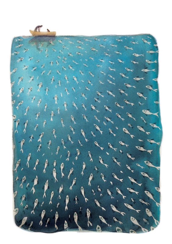 Bruno Munari. Un dibujo de una barquita sobre un mar lleno de peces pequeños orientados hacia ella.