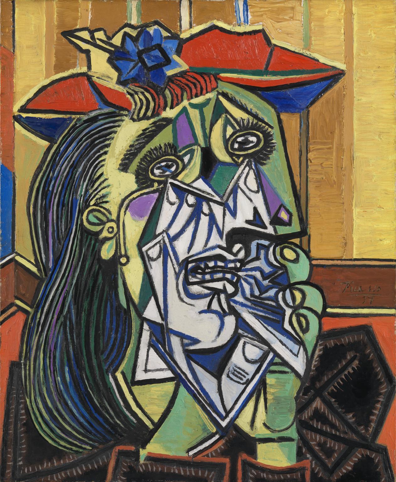 Pablo Picasso «Mujer llorando» 1937 Tate Gallery, Londres. Fuente: http://www.tate.org.uk/art/artworks/picasso-weeping-woman-t05010 Como sucede en el dibujo infantil, aquí todo está en un mismo plano en el que se muestran a la vez diferentes perspectivas, eligiendo siempre la más reconocible. Los cabellos, las cejas y las pestañas están dibujados uno a uno. El pañuelo y las manos que lo sostienen son "transparentes", nos dejan ver lo que hay debajo. Las formas, bien delimitadas, tienen un borde marcado y los colores no son "de verdad" sino que se usan como elemento emocional. 