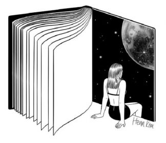 Henn Kim «Reading is Dreaming with Your Eyes Open» Aparece el dibujo de un libro abierto y una chica sentada delante de la última página en la que se ve el universo