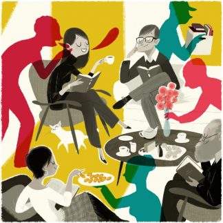 Leo Espinosa. Dibujo de personas en un café leyendo libros.